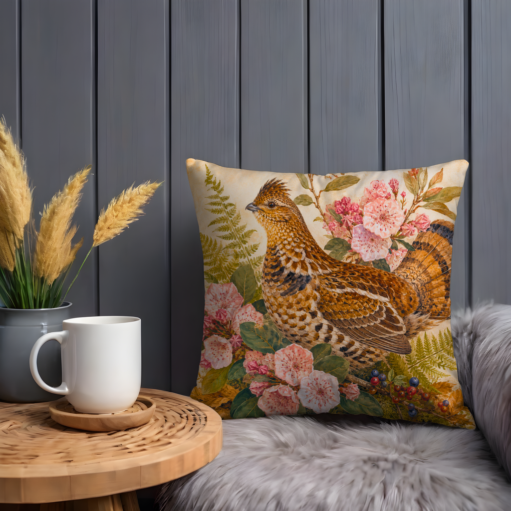Ruffed Grouse Pink Blossoms Ferns Pillow Cover | Classic Wildlife Art | Soft Botanical Decor