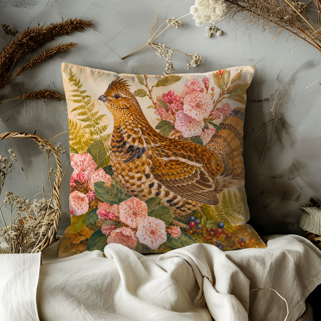 Ruffed Grouse Pink Blossoms Ferns Pillow Cover | Classic Wildlife Art | Soft Botanical Decor