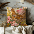 Ruffed Grouse Pink Blossoms Ferns Pillow Cover | Classic Wildlife Art | Soft Botanical Decor