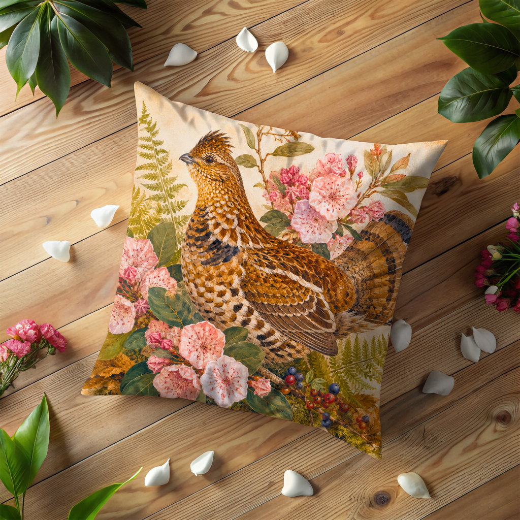 Ruffed Grouse Pink Blossoms Ferns Pillow Cover | Classic Wildlife Art | Soft Botanical Decor