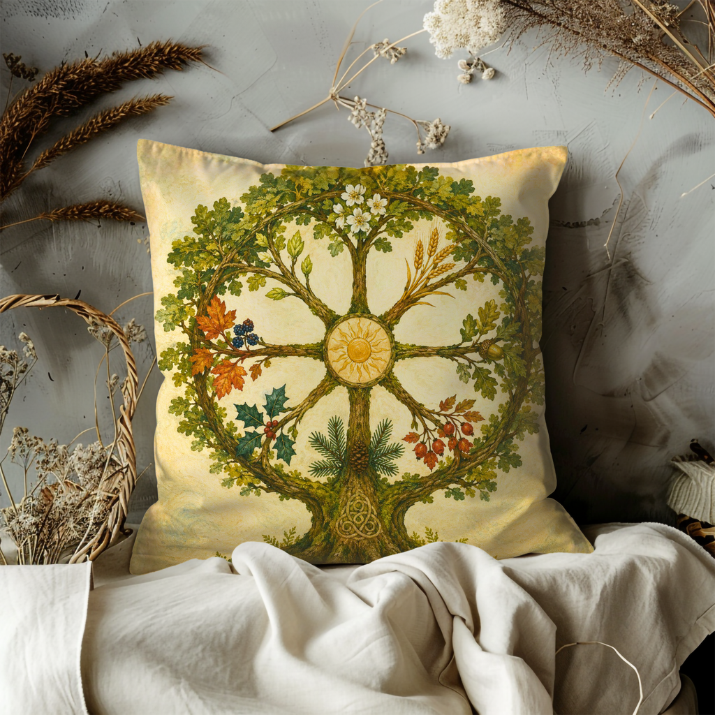 Celtic Tree of Life Wheel of the Year Pillow Cover | Pagan Seasonal Art | Sacred Oak Decor