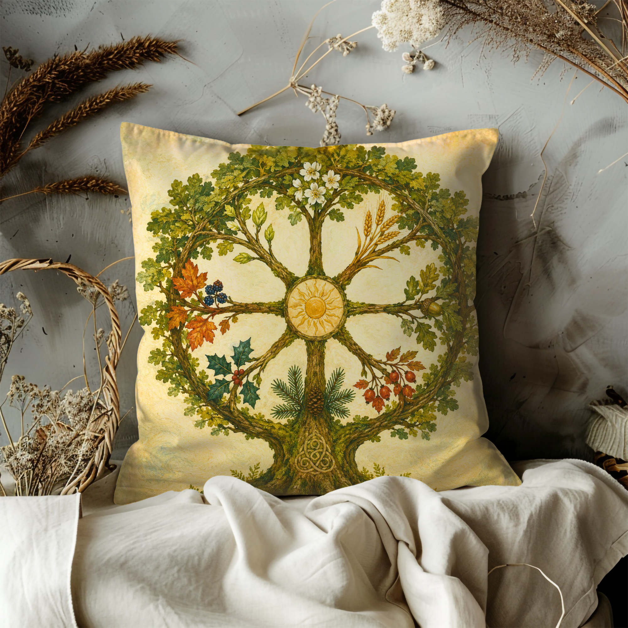 Celtic Tree of Life Wheel of the Year Pillow Cover | Pagan Seasonal Art | Sacred Oak Decor