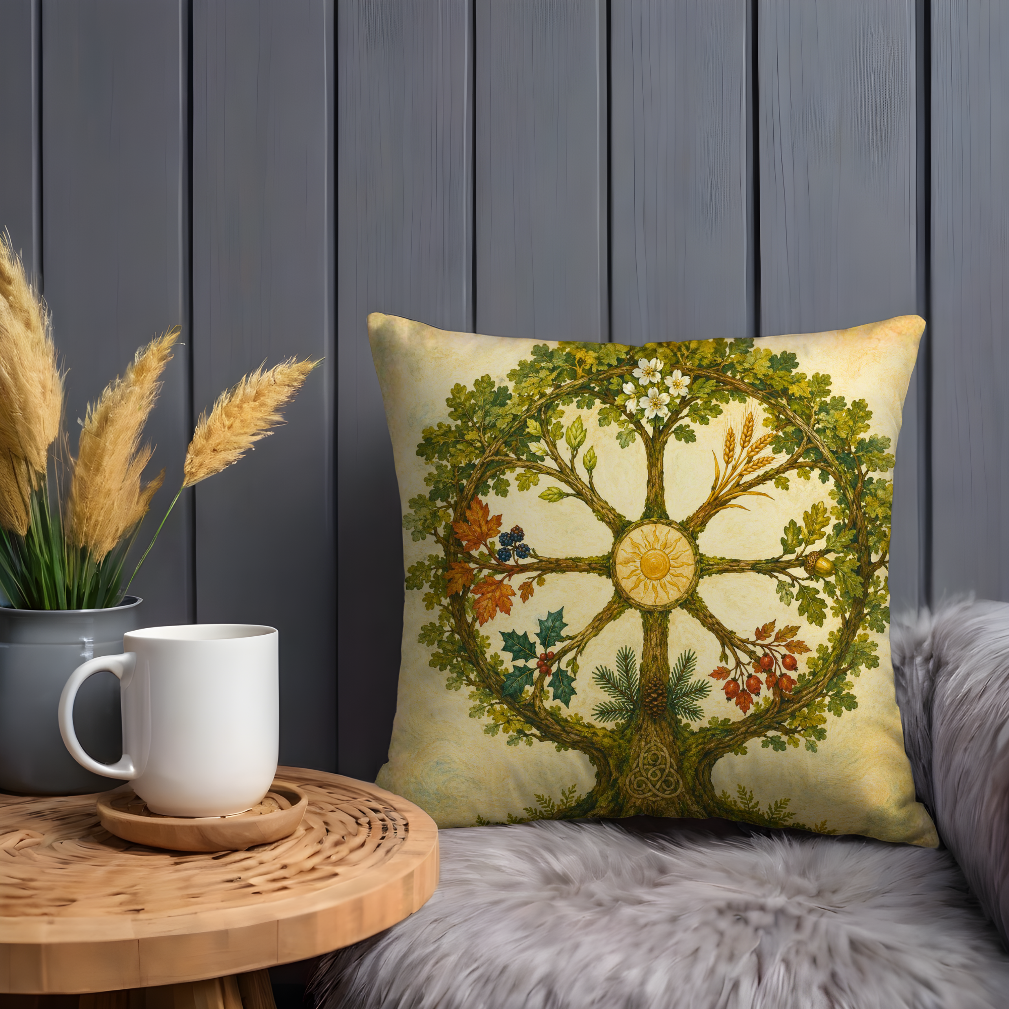 Celtic Tree of Life Wheel of the Year Pillow Cover | Pagan Seasonal Art | Sacred Oak Decor