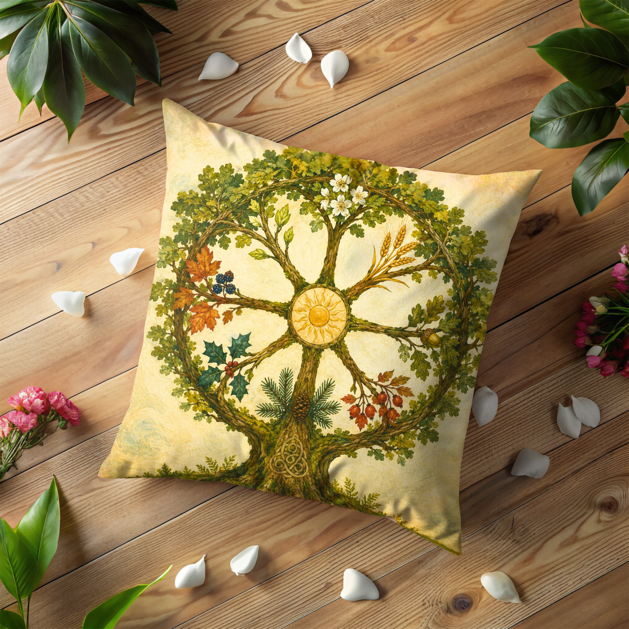 Celtic Tree of Life Wheel of the Year Pillow Cover | Pagan Seasonal Art | Sacred Oak Decor