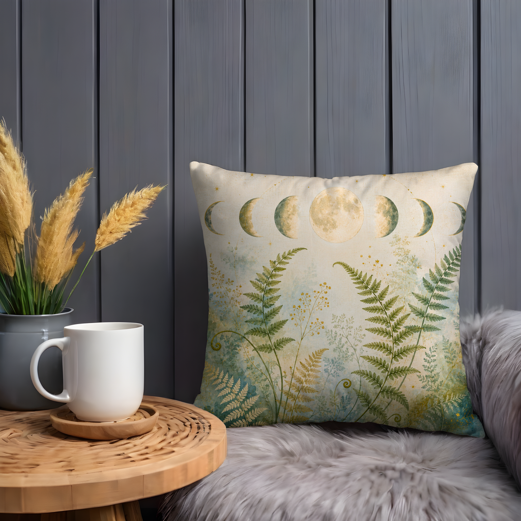 Moon Phases Fern Botanical Pillow Cover | Lunar Magic Art | Soft Mystical Decor