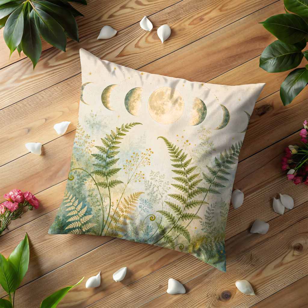 Moon Phases Fern Botanical Pillow Cover | Lunar Magic Art | Soft Mystical Decor