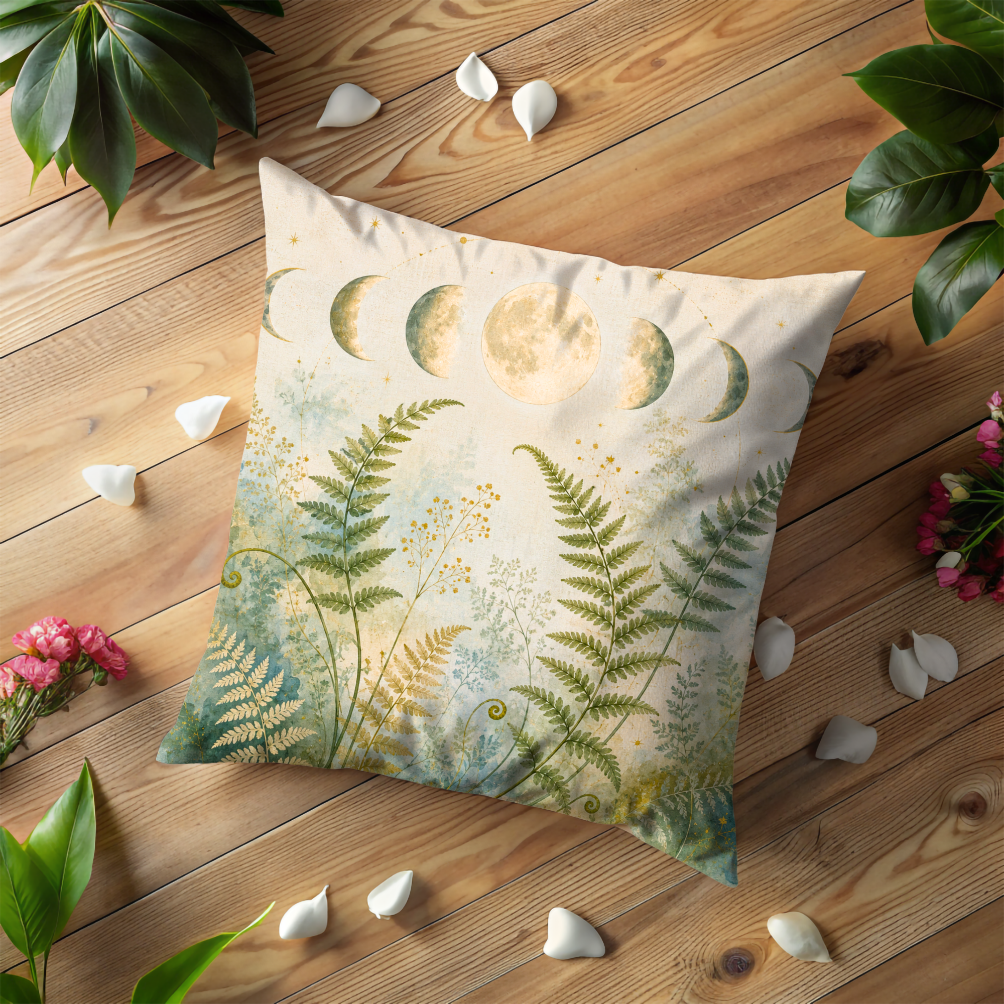Moon Phases Fern Botanical Pillow Cover | Lunar Magic Art | Soft Mystical Decor