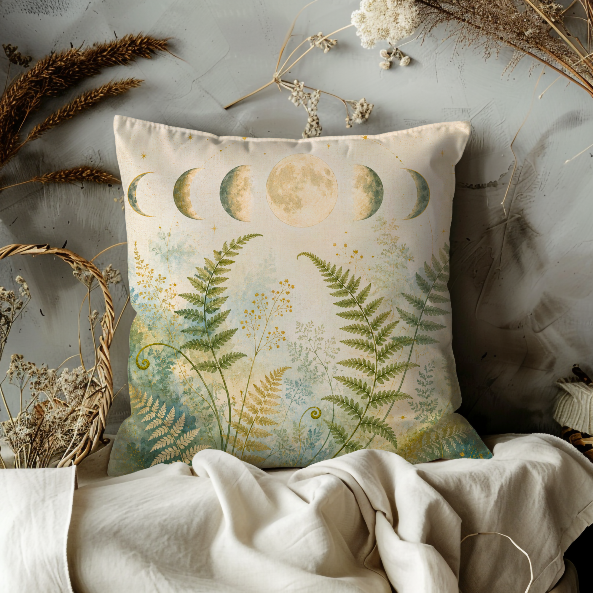 Moon Phases Fern Botanical Pillow Cover | Lunar Magic Art | Soft Mystical Decor