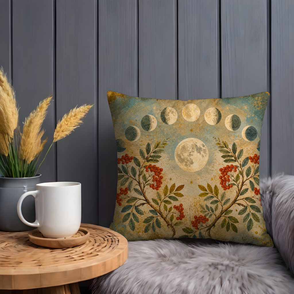 Moon Phases Rowan Berries Lunar Pillow Cover | Pagan Moon Art | Soft Mystical Decor