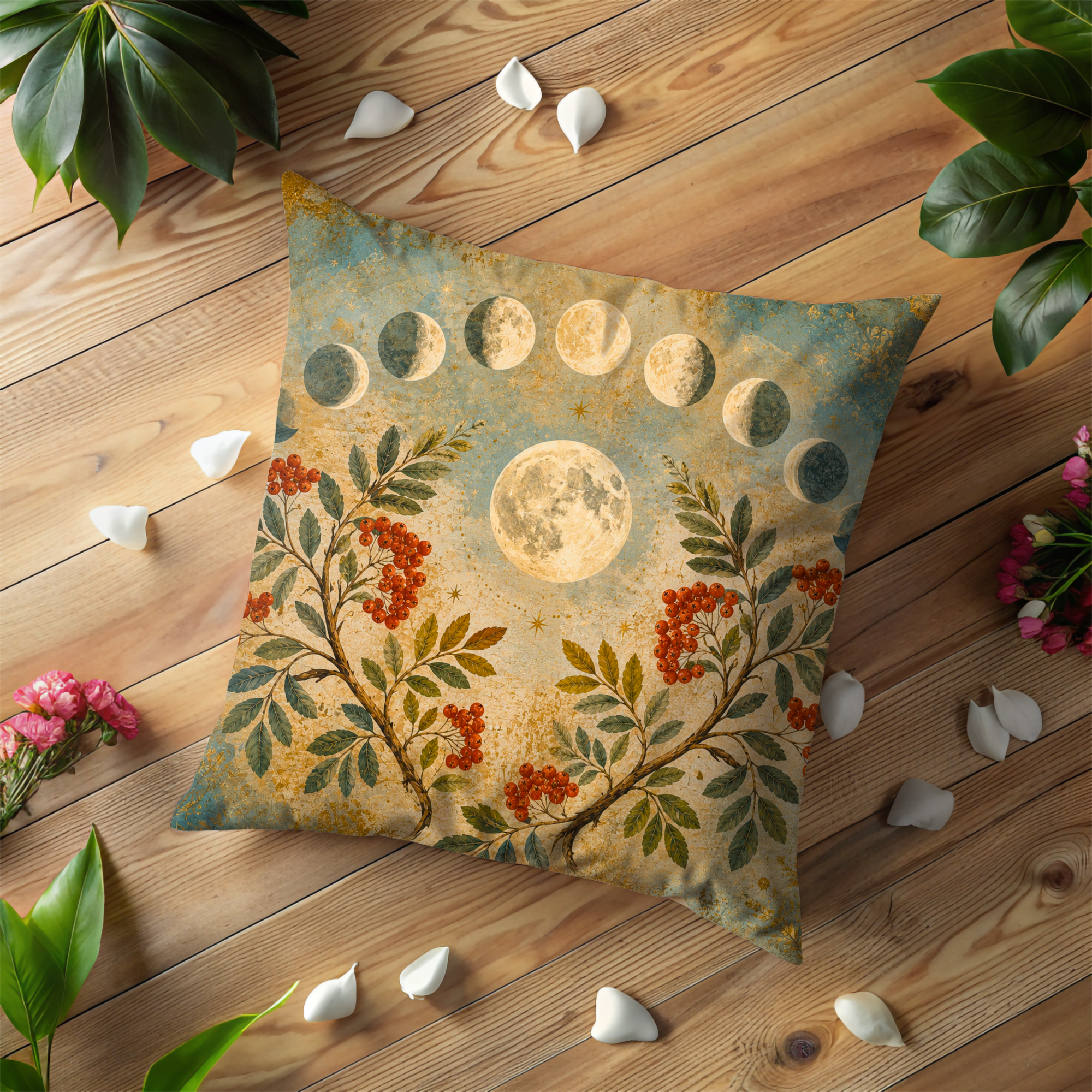 Moon Phases Rowan Berries Lunar Pillow Cover | Pagan Moon Art | Soft Mystical Decor