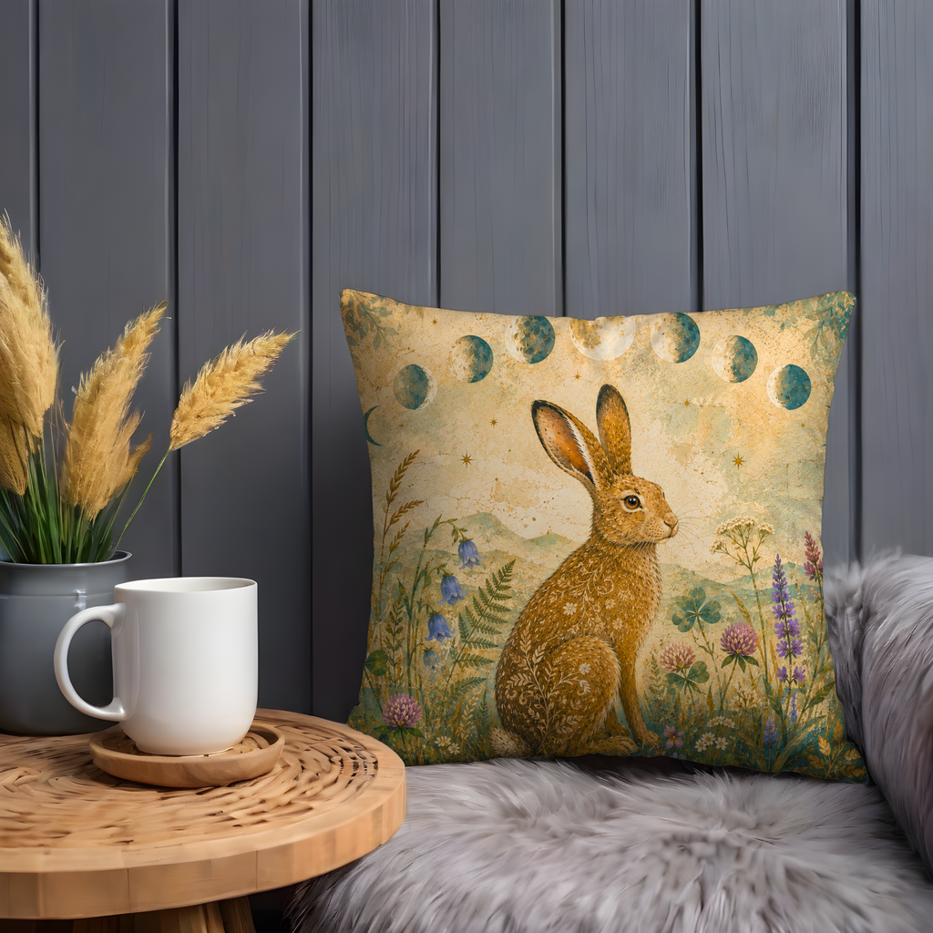 Lunar Hare Moon Phases Wildflowers Pillow Cover | Pagan Moon Art | Celtic Hare Decor