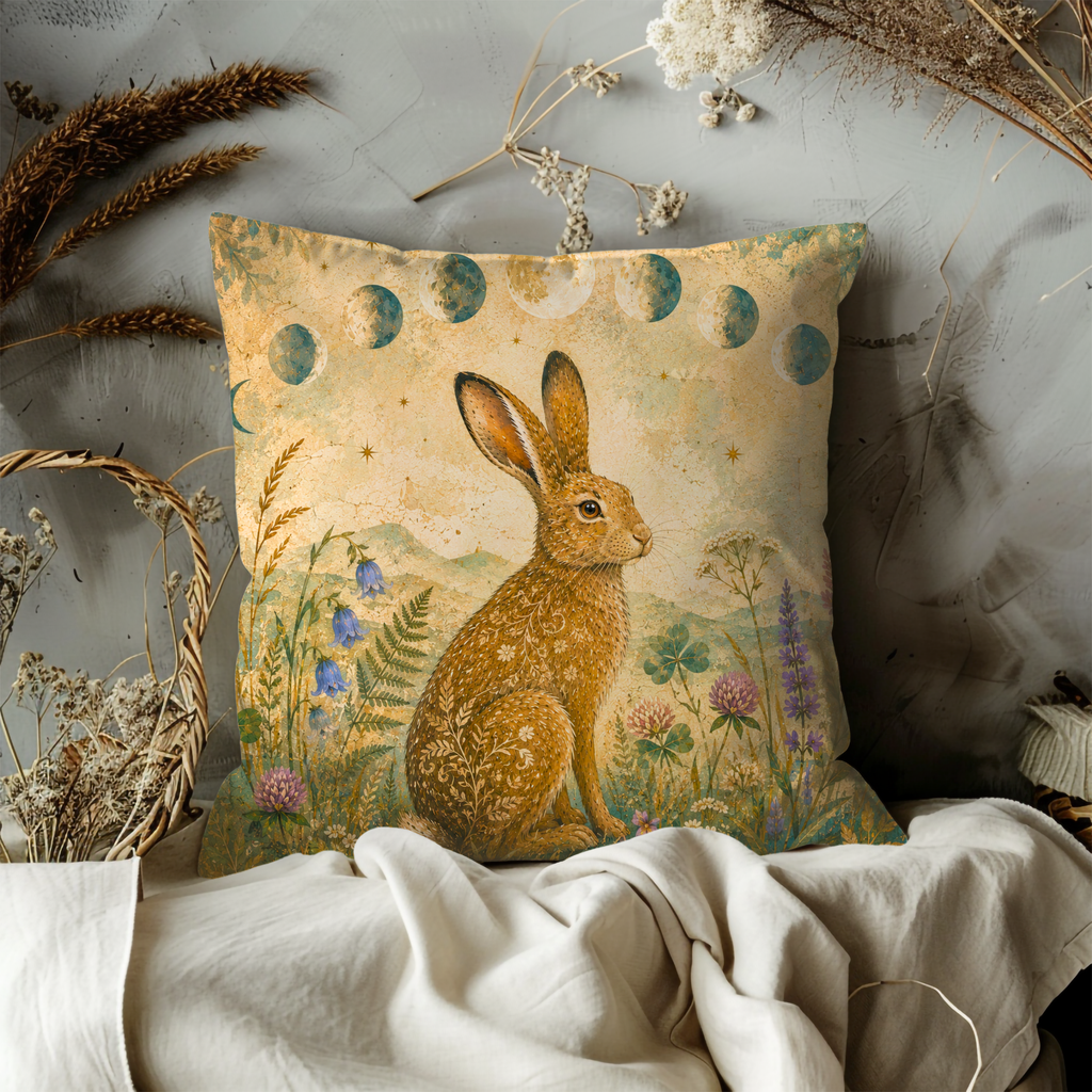 Lunar Hare Moon Phases Wildflowers Pillow Cover | Pagan Moon Art | Celtic Hare Decor