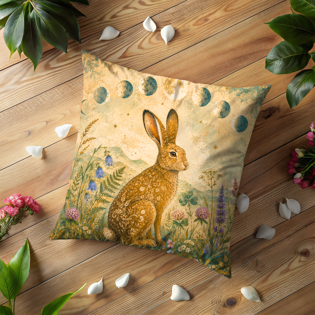 Lunar Hare Moon Phases Wildflowers Pillow Cover | Pagan Moon Art | Celtic Hare Decor