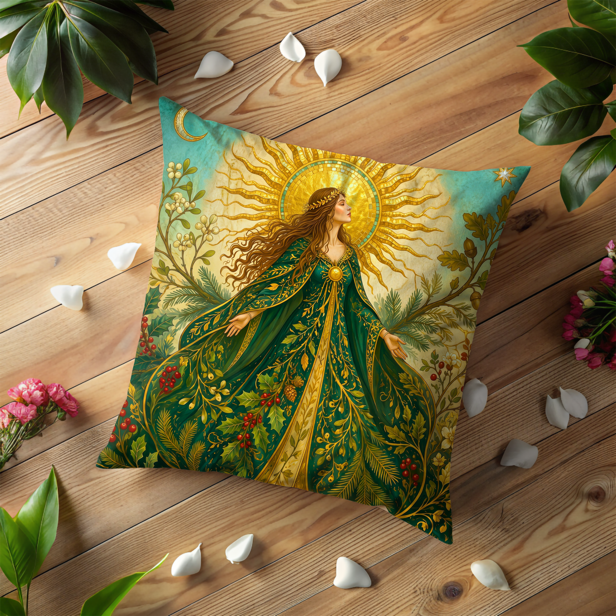 Solar Goddess Green Cloak Holly Sun Pillow Cover | Pagan Yule Art | Celtic Sacred Woman Decor