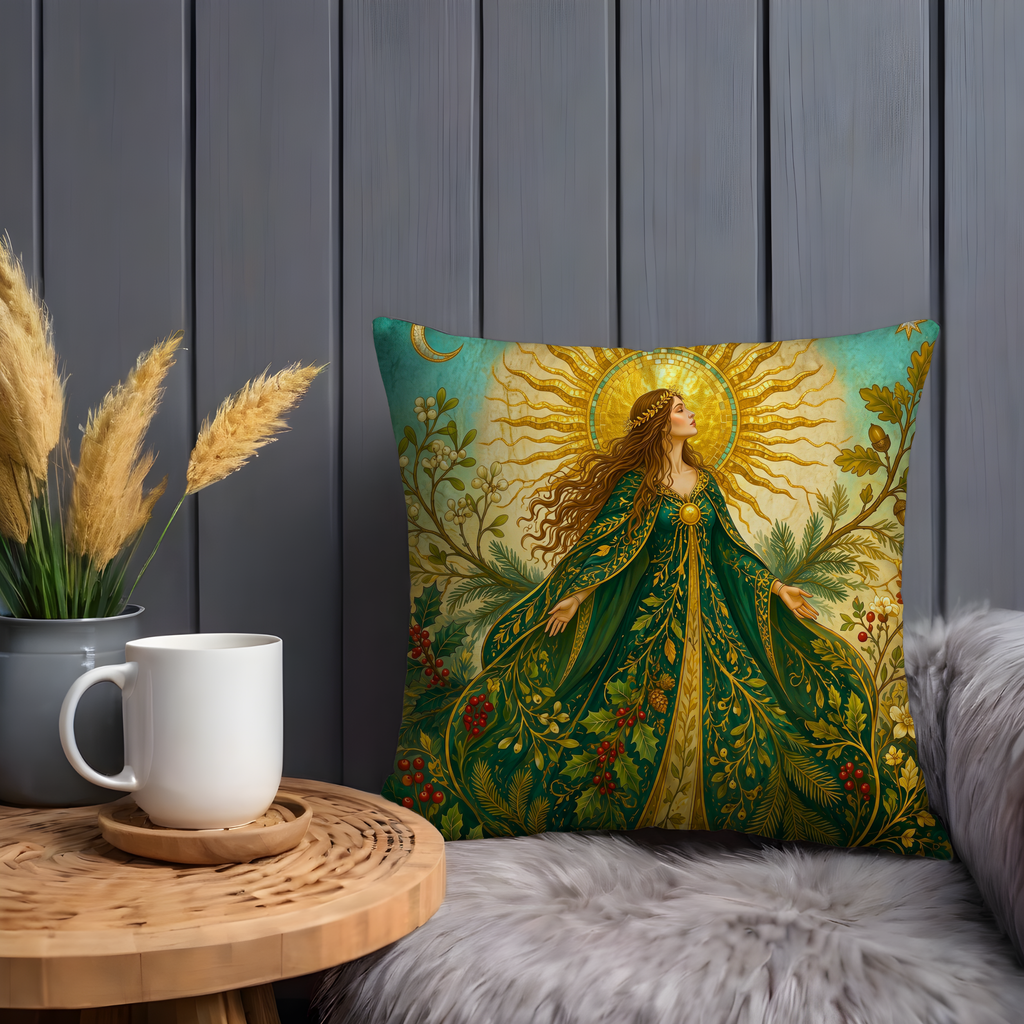 Solar Goddess Green Cloak Holly Sun Pillow Cover | Pagan Yule Art | Celtic Sacred Woman Decor
