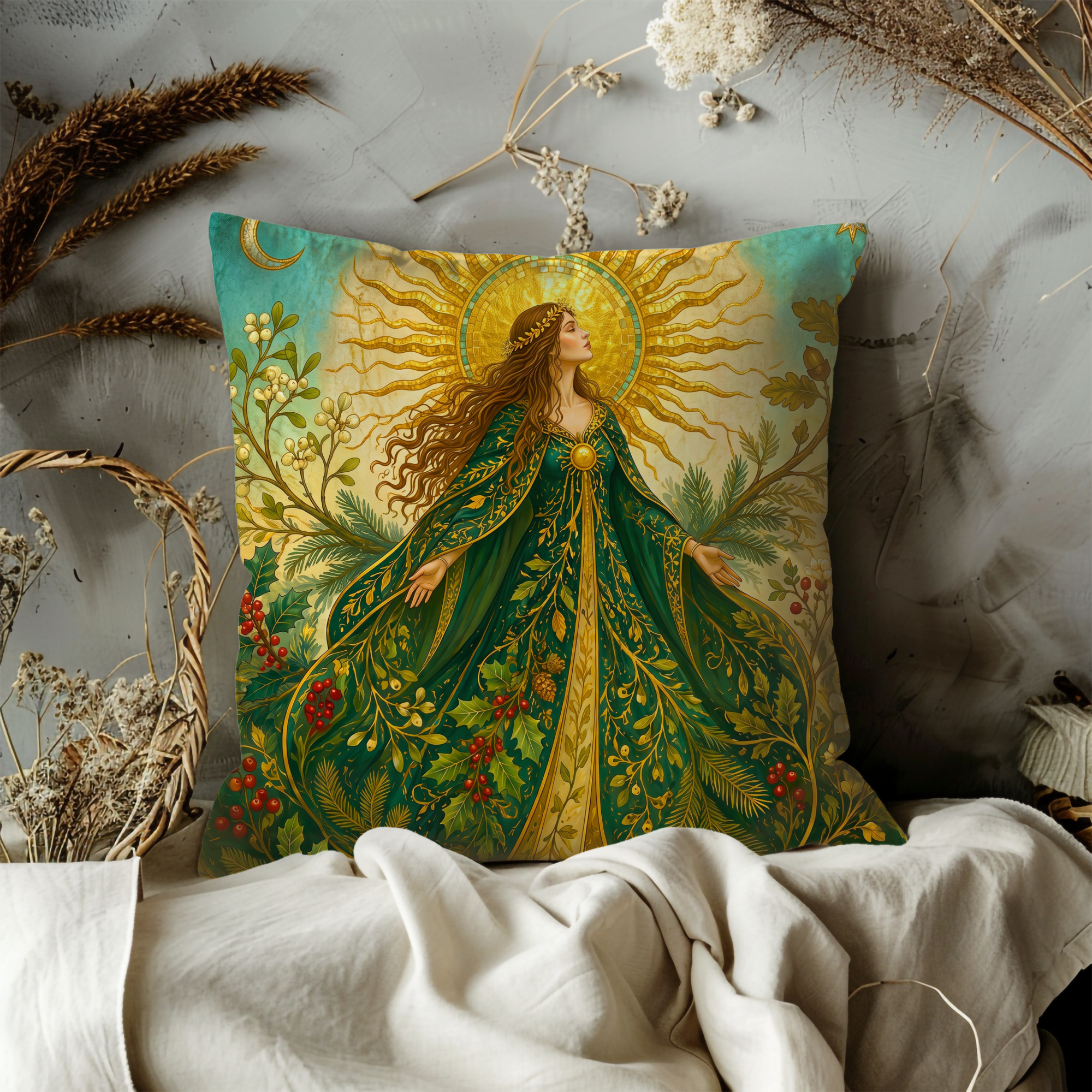 Solar Goddess Green Cloak Holly Sun Pillow Cover | Pagan Yule Art | Celtic Sacred Woman Decor