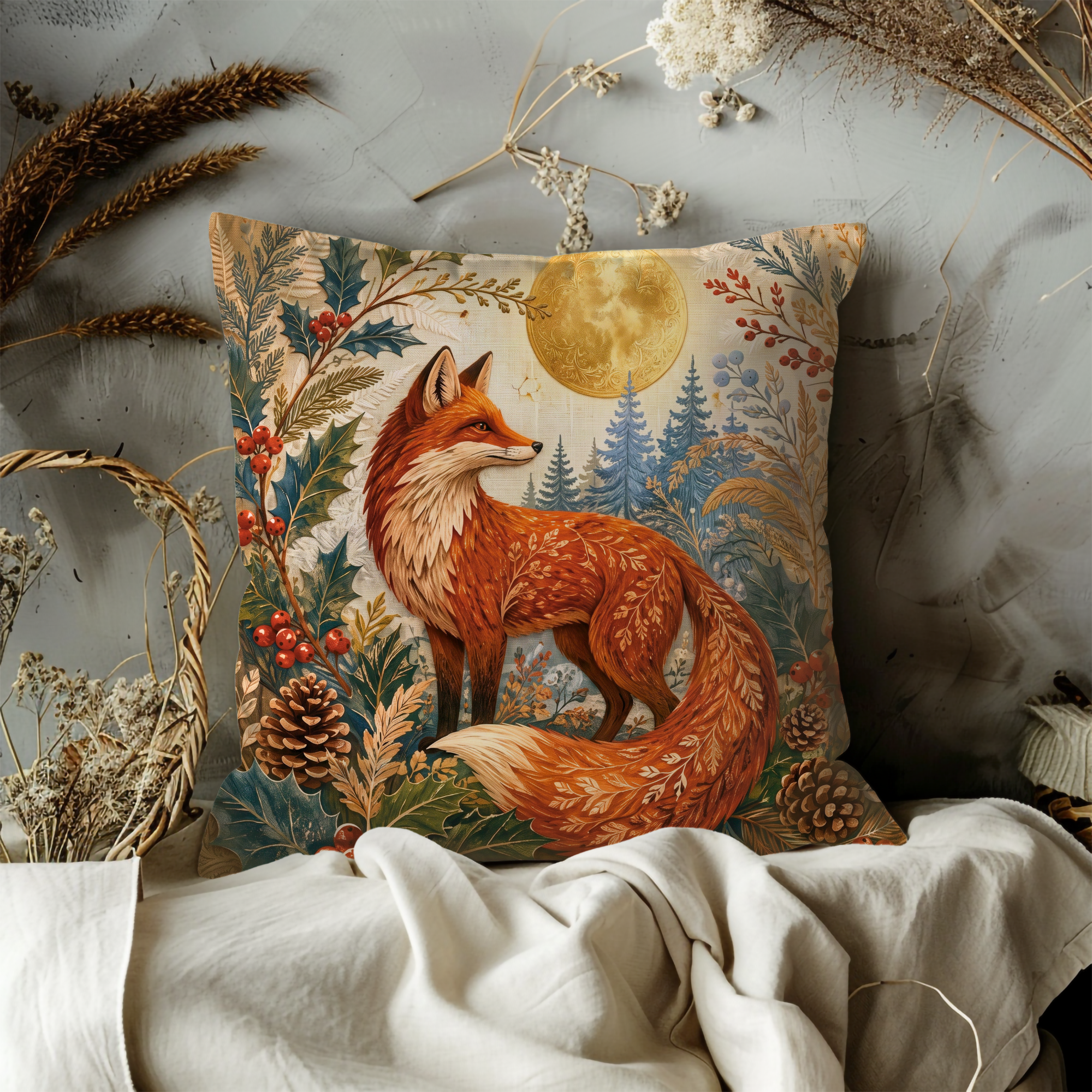 Red Fox Golden Moon Holly Forest Pillow Cover | Pagan Winter Art | Celtic Fox Decor