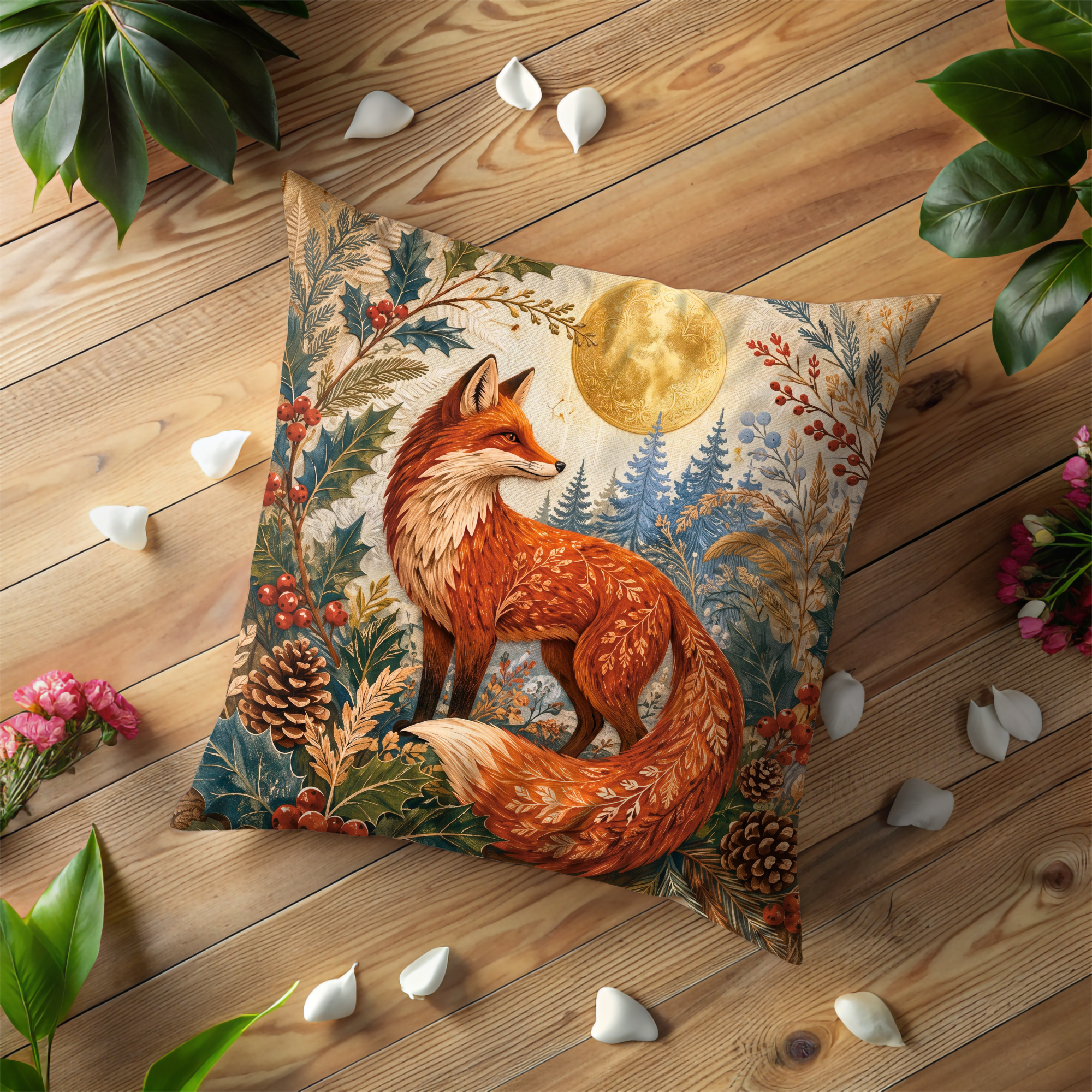 Red Fox Golden Moon Holly Forest Pillow Cover | Pagan Winter Art | Celtic Fox Decor