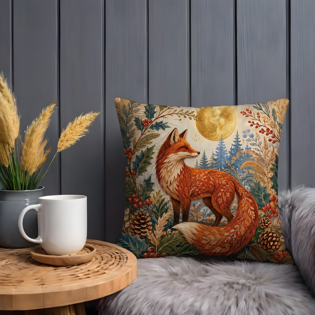 Red Fox Golden Moon Holly Forest Pillow Cover | Pagan Winter Art | Celtic Fox Decor