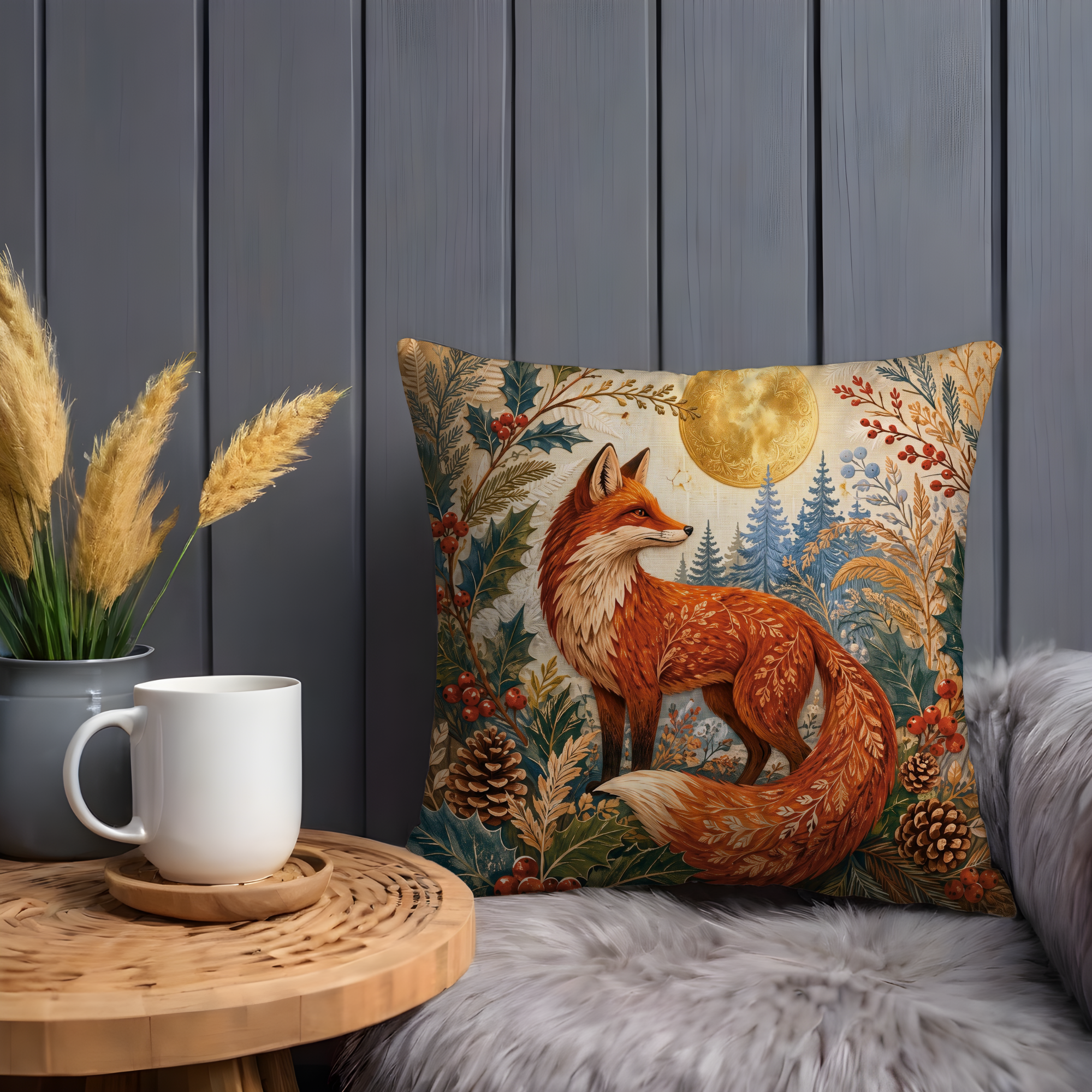 Red Fox Golden Moon Holly Forest Pillow Cover | Pagan Winter Art | Celtic Fox Decor