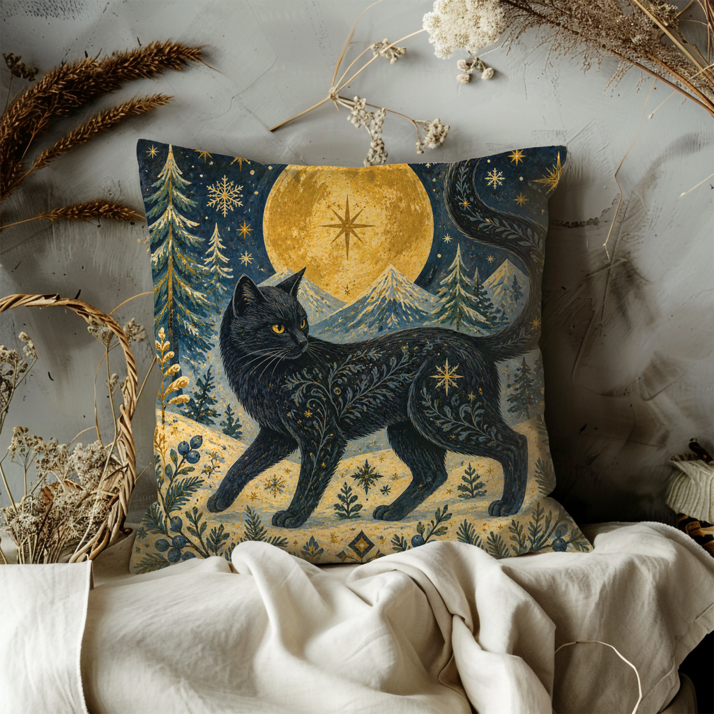 Black Cat Golden Moon Winter Forest Pillow Cover | Pagan Yule Art | Mystical Night Decor