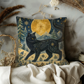 Black Cat Golden Moon Winter Forest Pillow Cover | Pagan Yule Art | Mystical Night Decor