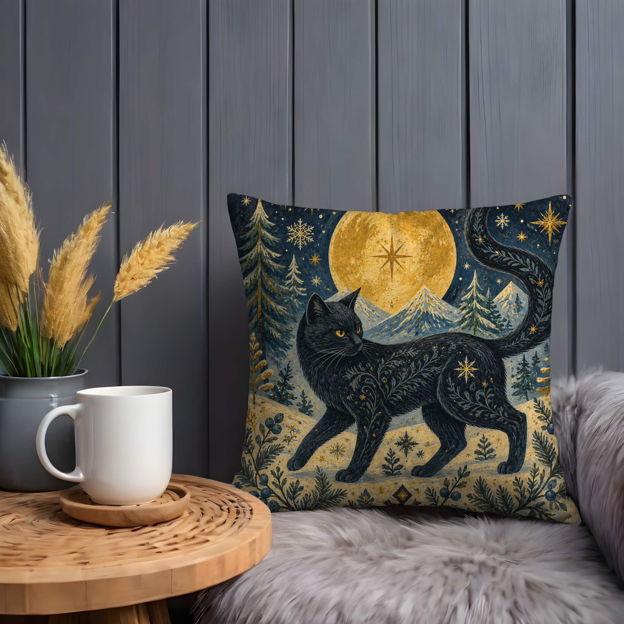 Black Cat Golden Moon Winter Forest Pillow Cover | Pagan Yule Art | Mystical Night Decor