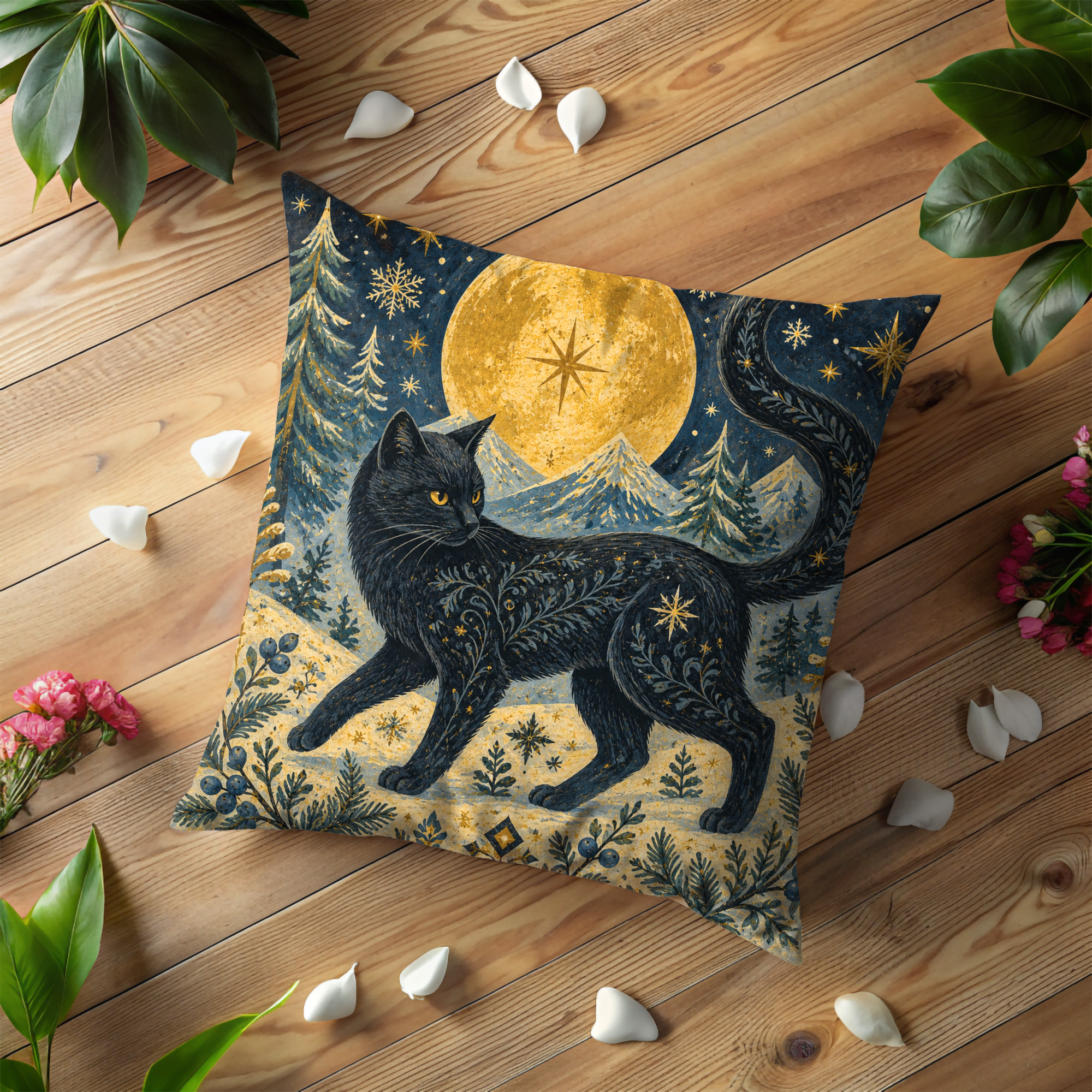 Black Cat Golden Moon Winter Forest Pillow Cover | Pagan Yule Art | Mystical Night Decor