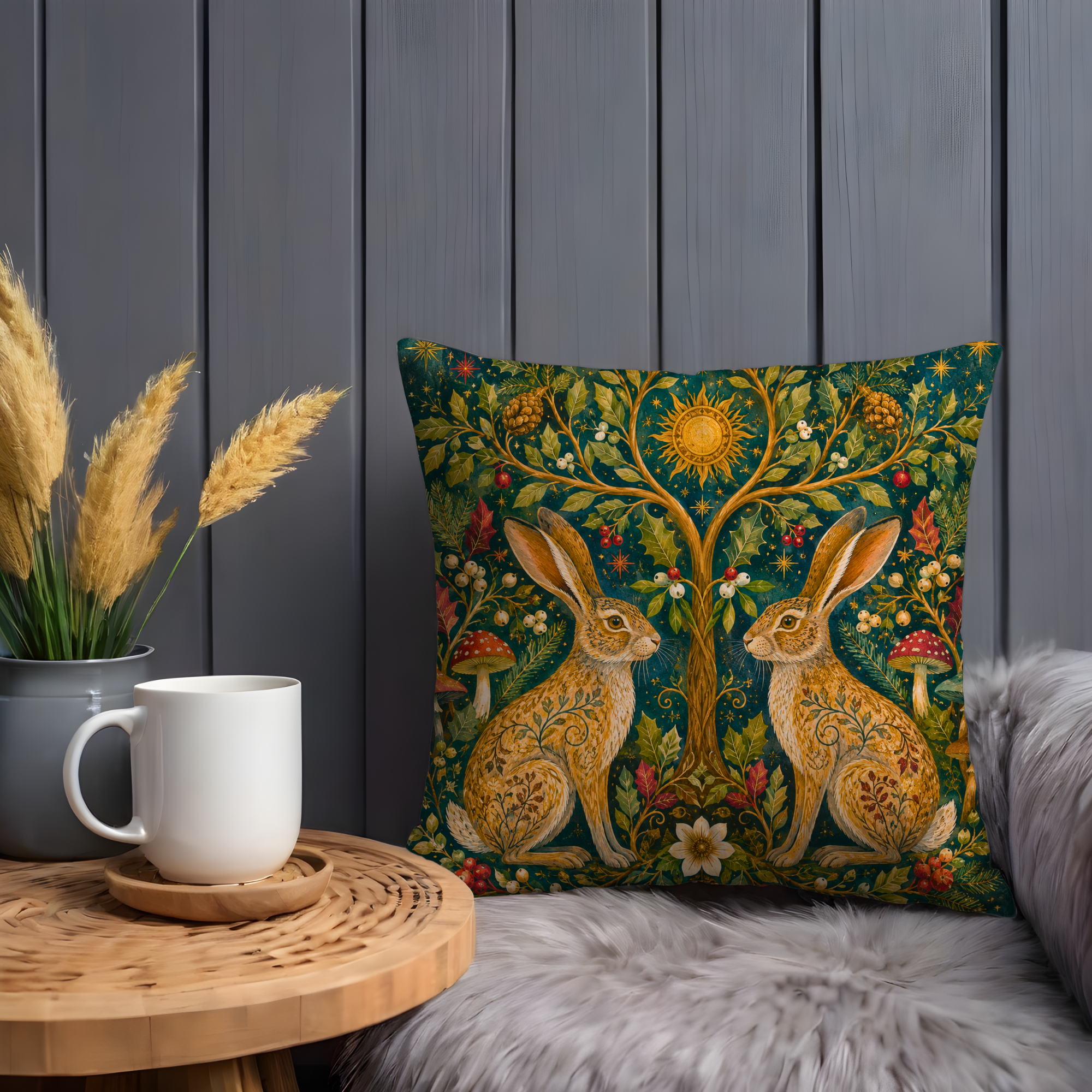Twin Hares Holly Tree Solstice Pillow Cover | Pagan Yule Art | Celtic Hare Decor