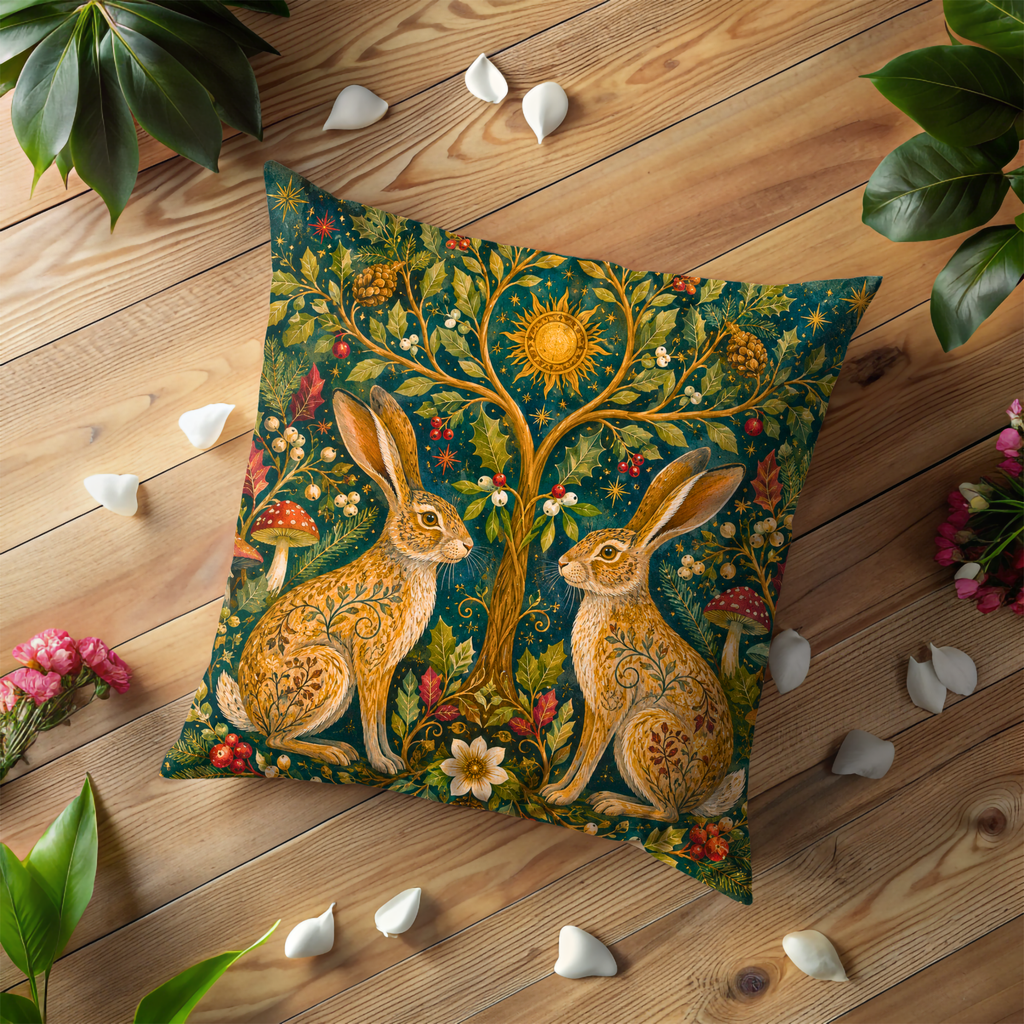 Twin Hares Holly Tree Solstice Pillow Cover | Pagan Yule Art | Celtic Hare Decor