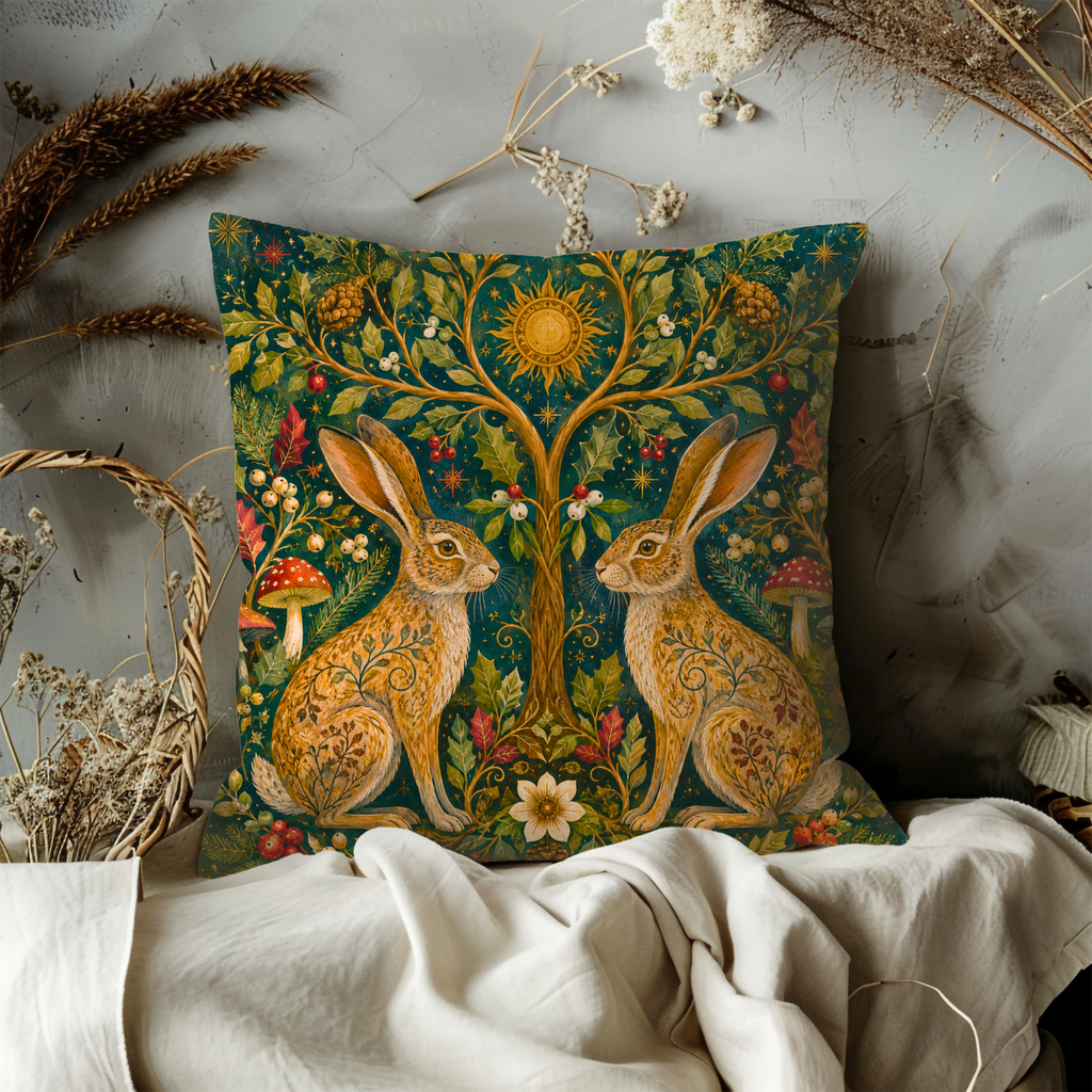 Twin Hares Holly Tree Solstice Pillow Cover | Pagan Yule Art | Celtic Hare Decor