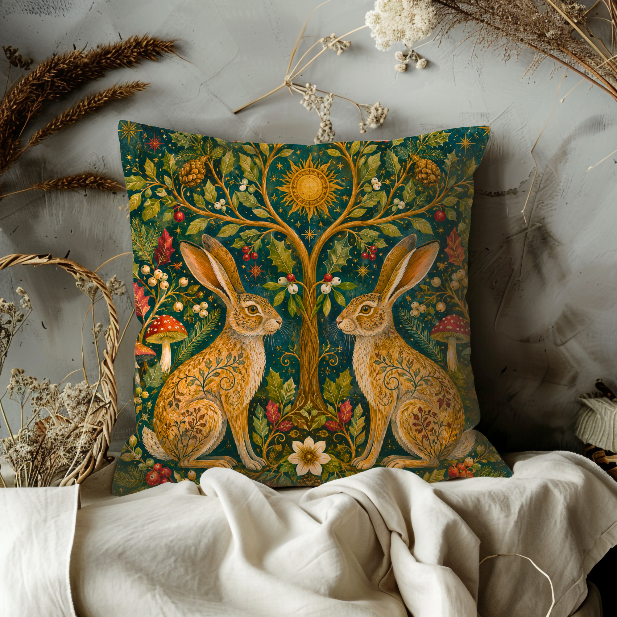 Twin Hares Holly Tree Solstice Pillow Cover | Pagan Yule Art | Celtic Hare Decor