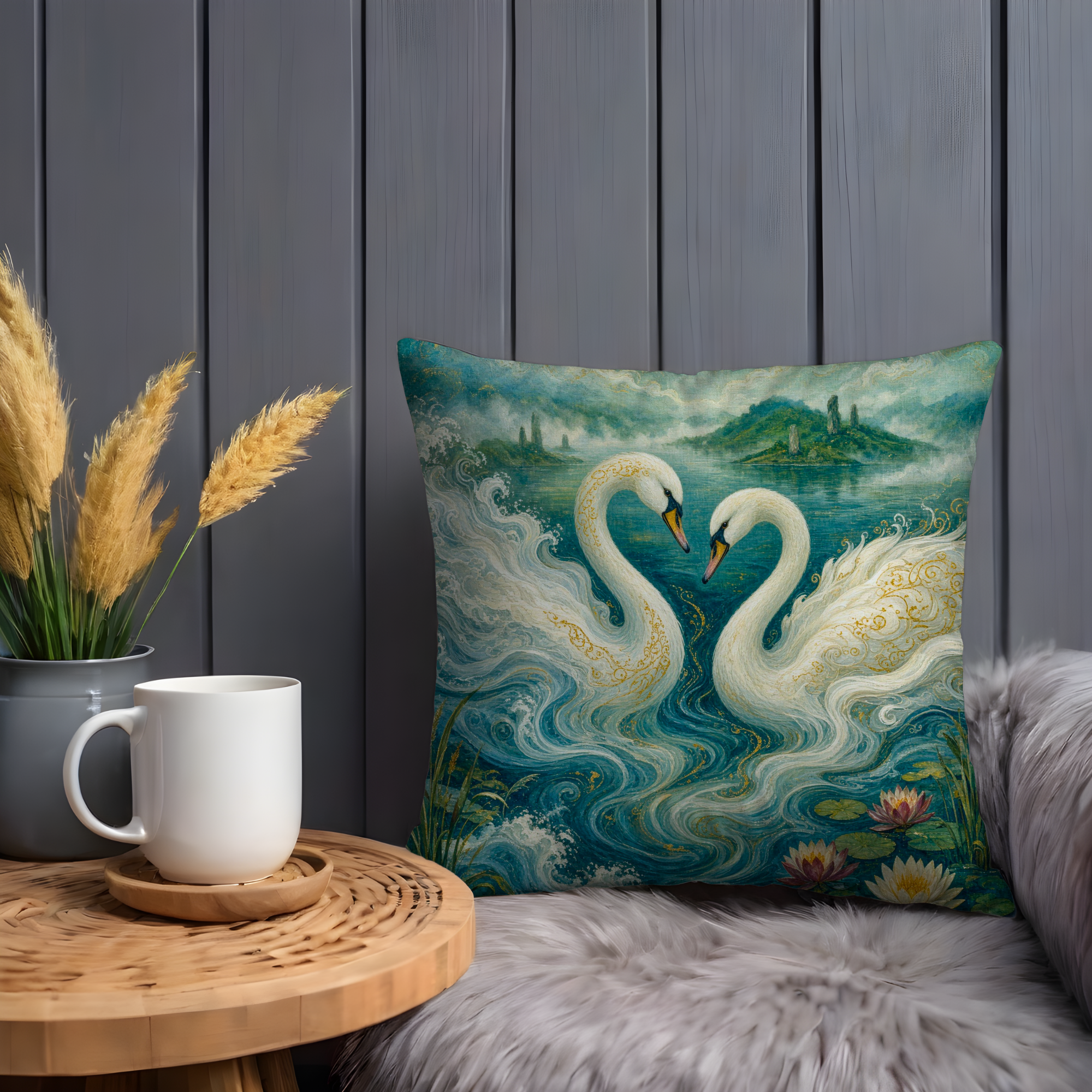 Celtic Twin Swans Heart Lake Pillow Cover | Pagan Sacred Swan Art | Otherworld Water Decor