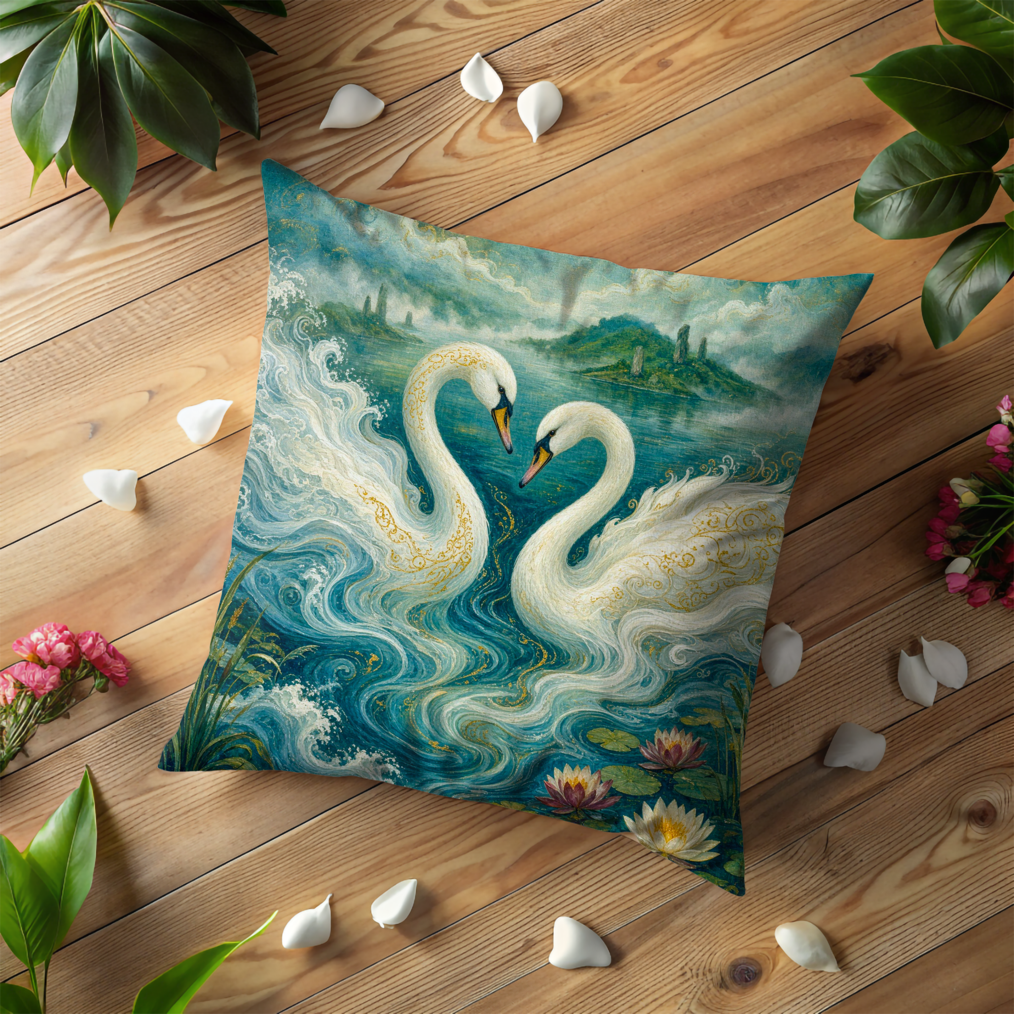 Celtic Twin Swans Heart Lake Pillow Cover | Pagan Sacred Swan Art | Otherworld Water Decor
