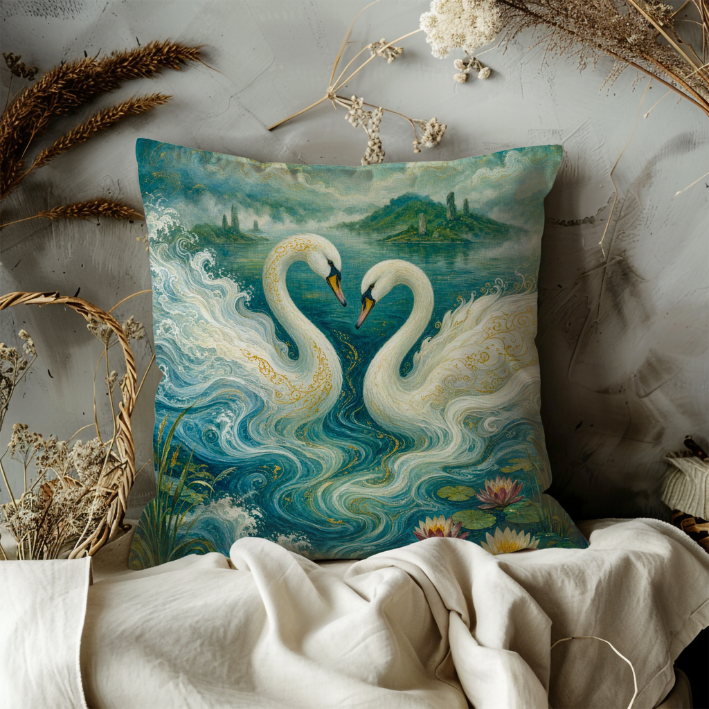 Celtic Twin Swans Heart Lake Pillow Cover | Pagan Sacred Swan Art | Otherworld Water Decor