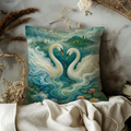 Celtic Twin Swans Heart Lake Pillow Cover | Pagan Sacred Swan Art | Otherworld Water Decor