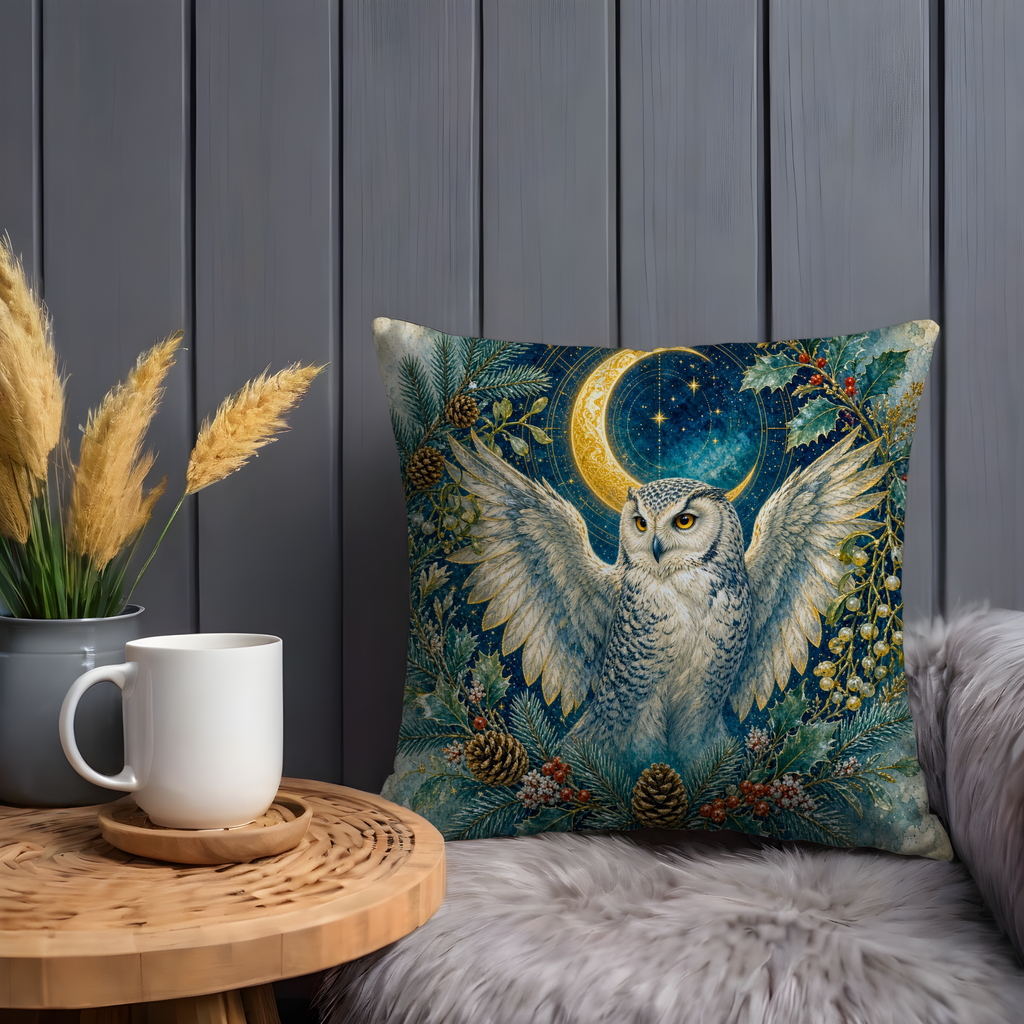 Snowy Owl Crescent Moon Holly Winter Pillow Cover | Pagan Yule Art | Celtic Owl Decor