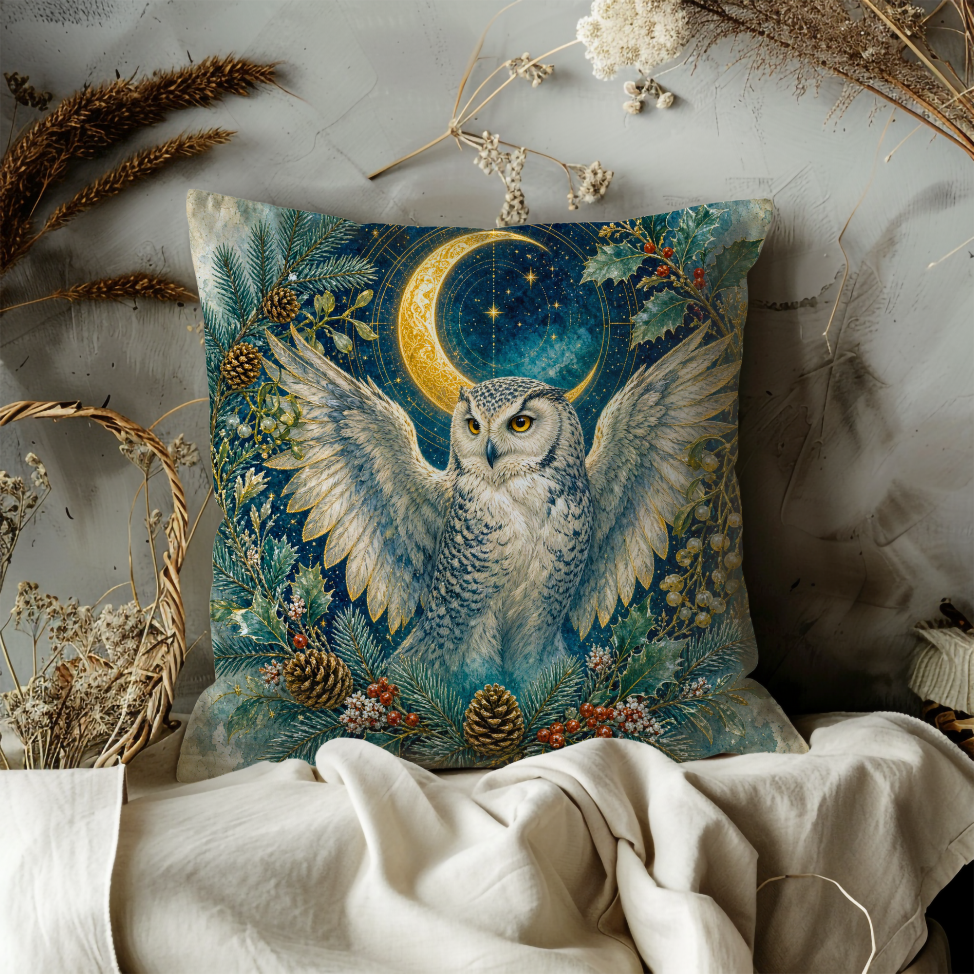 Snowy Owl Crescent Moon Holly Winter Pillow Cover | Pagan Yule Art | Celtic Owl Decor
