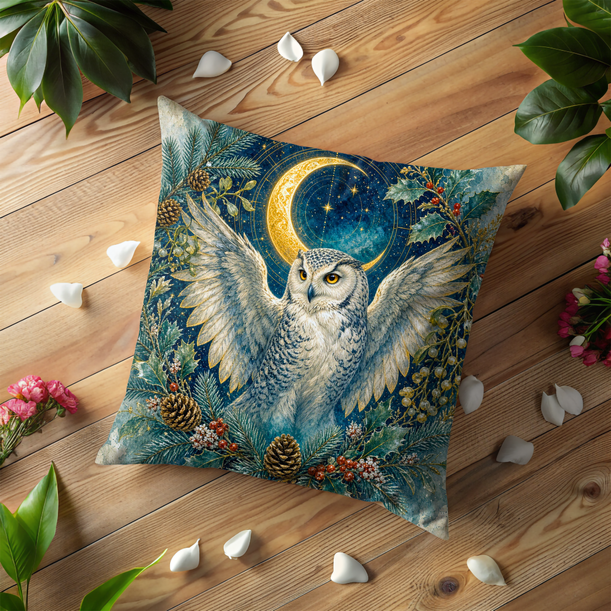 Snowy Owl Crescent Moon Holly Winter Pillow Cover | Pagan Yule Art | Celtic Owl Decor