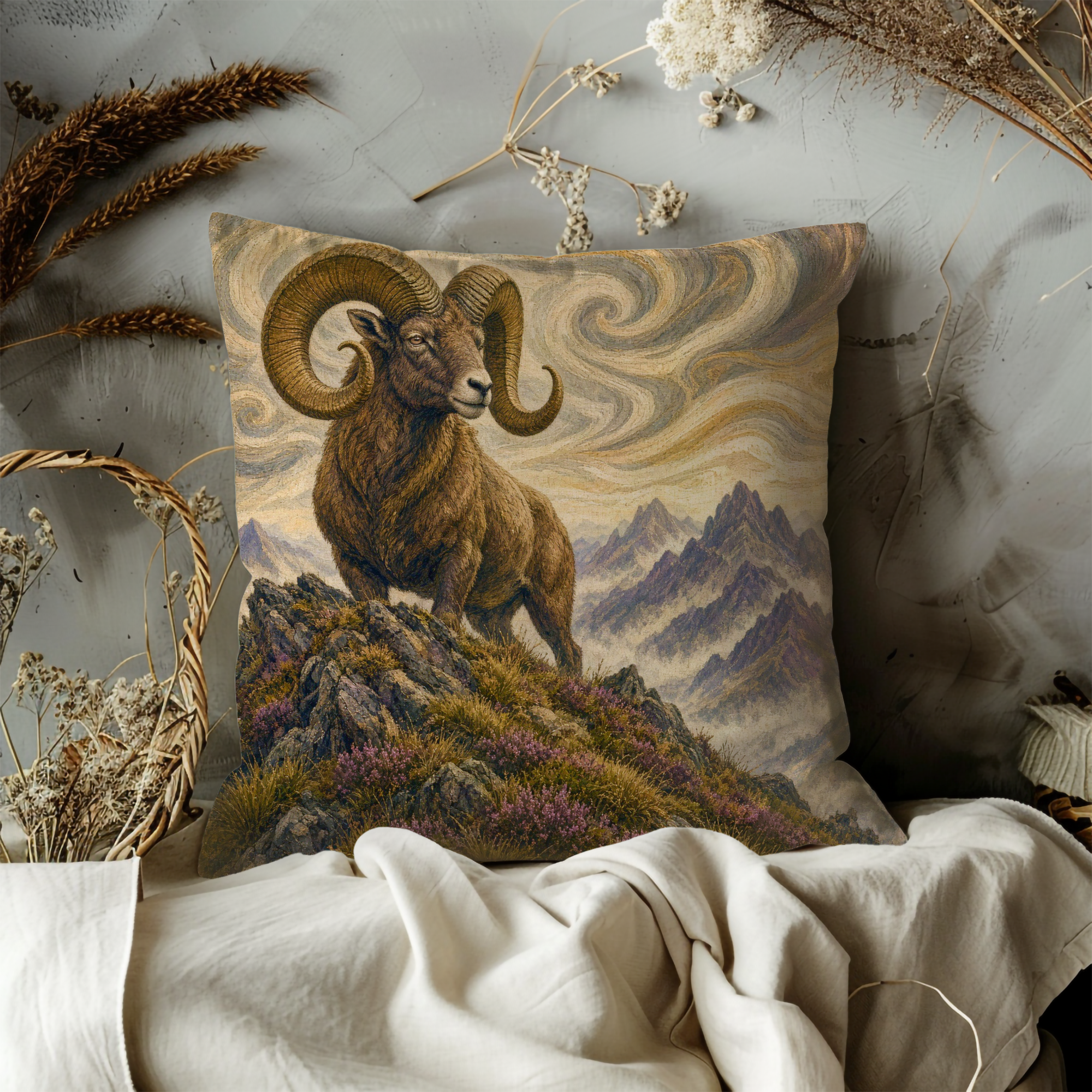 Mountain Ram Rocky Peak Landscape Pillow Cover | Classic Wildlife Art | Rugged Nature Decor