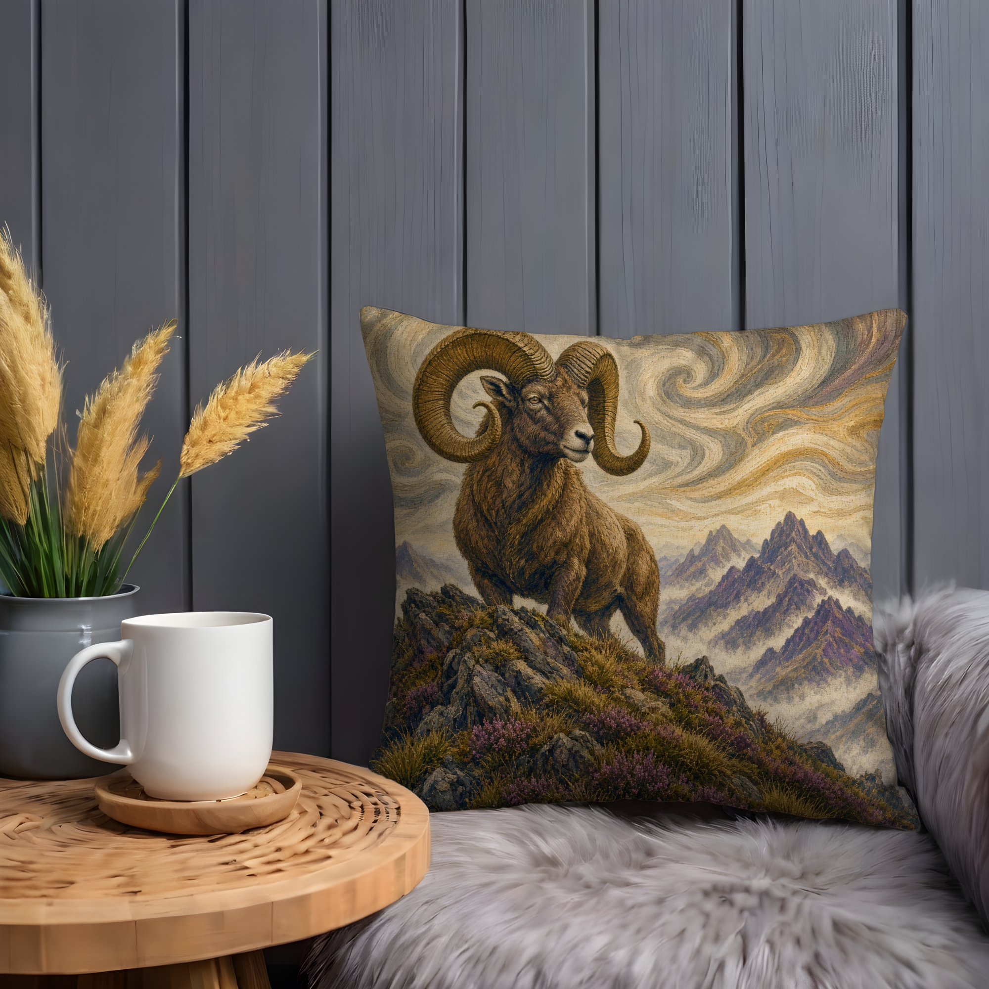 Mountain Ram Rocky Peak Landscape Pillow Cover | Classic Wildlife Art | Rugged Nature Decor