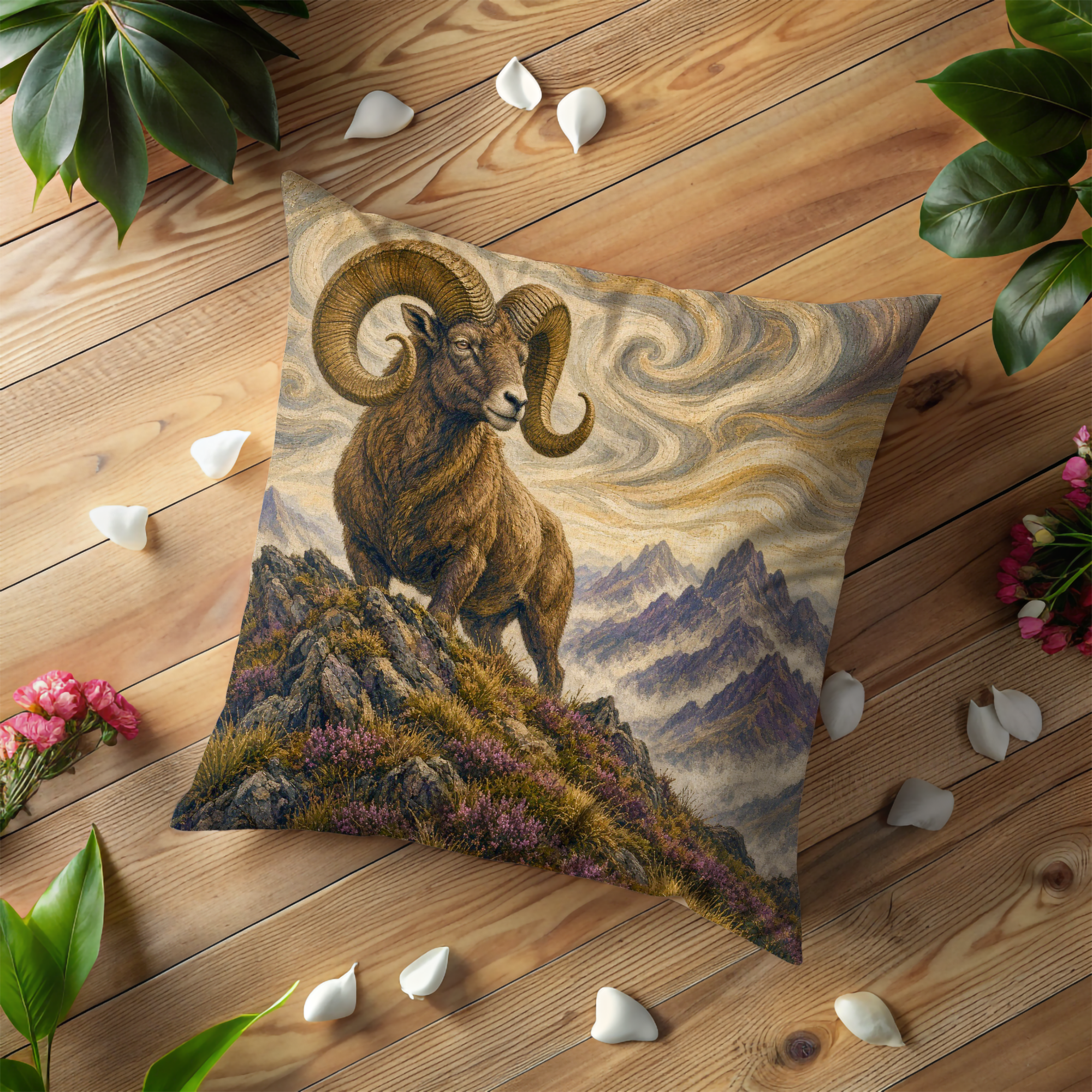Mountain Ram Rocky Peak Landscape Pillow Cover | Classic Wildlife Art | Rugged Nature Decor