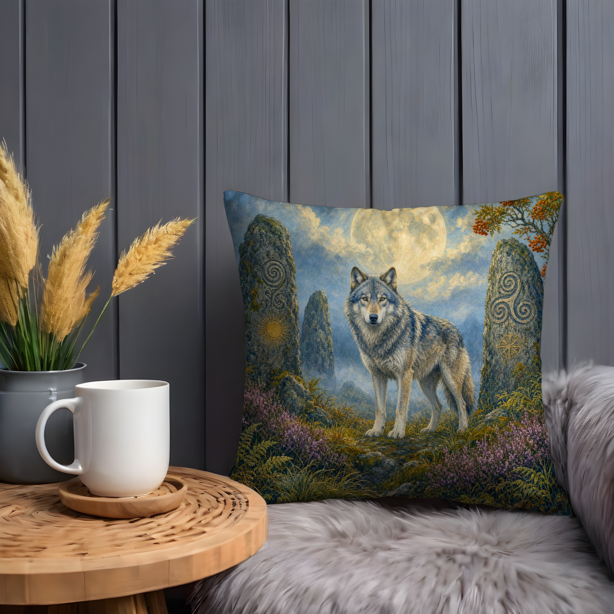 Celtic Wolf Standing Stones Full Moon Pillow Cover | Pagan Sacred Wolf Art | Ancient Menhir Decor