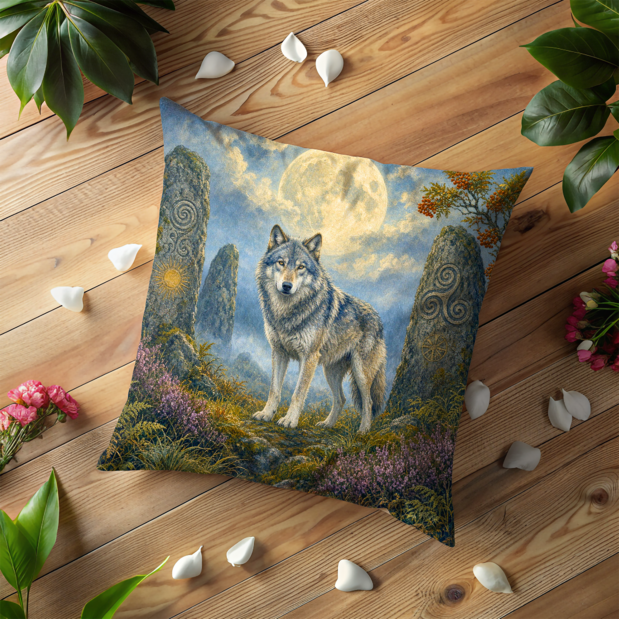 Celtic Wolf Standing Stones Full Moon Pillow Cover | Pagan Sacred Wolf Art | Ancient Menhir Decor