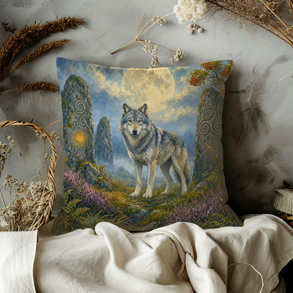 Celtic Wolf Standing Stones Full Moon Pillow Cover | Pagan Sacred Wolf Art | Ancient Menhir Decor