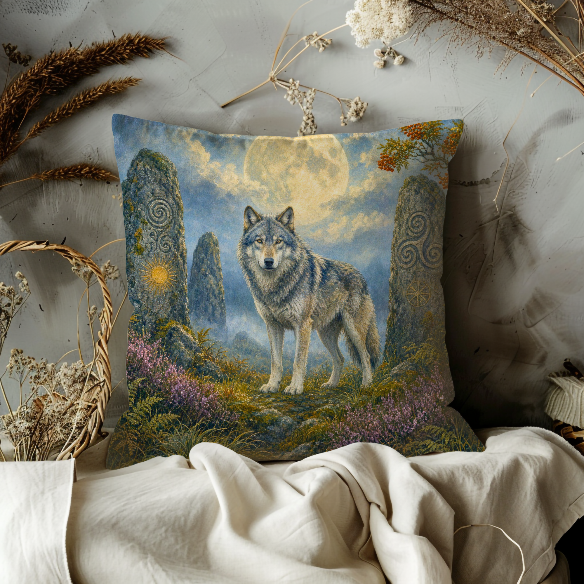 Celtic Wolf Standing Stones Full Moon Pillow Cover | Pagan Sacred Wolf Art | Ancient Menhir Decor