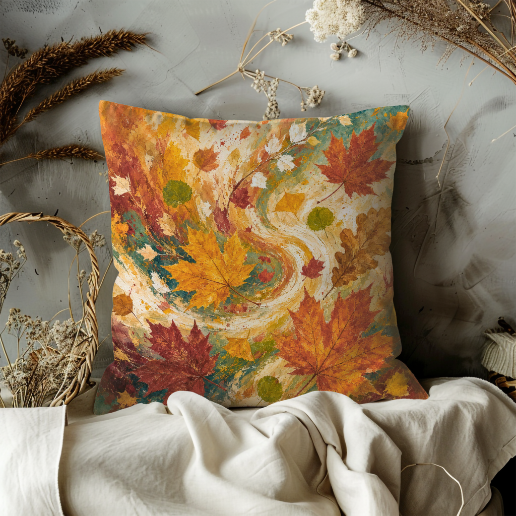 Swirling Autumn Maple Leaves Abstract Pillow Cover | Dynamic Fall Art | Vibrant Botanical Decor