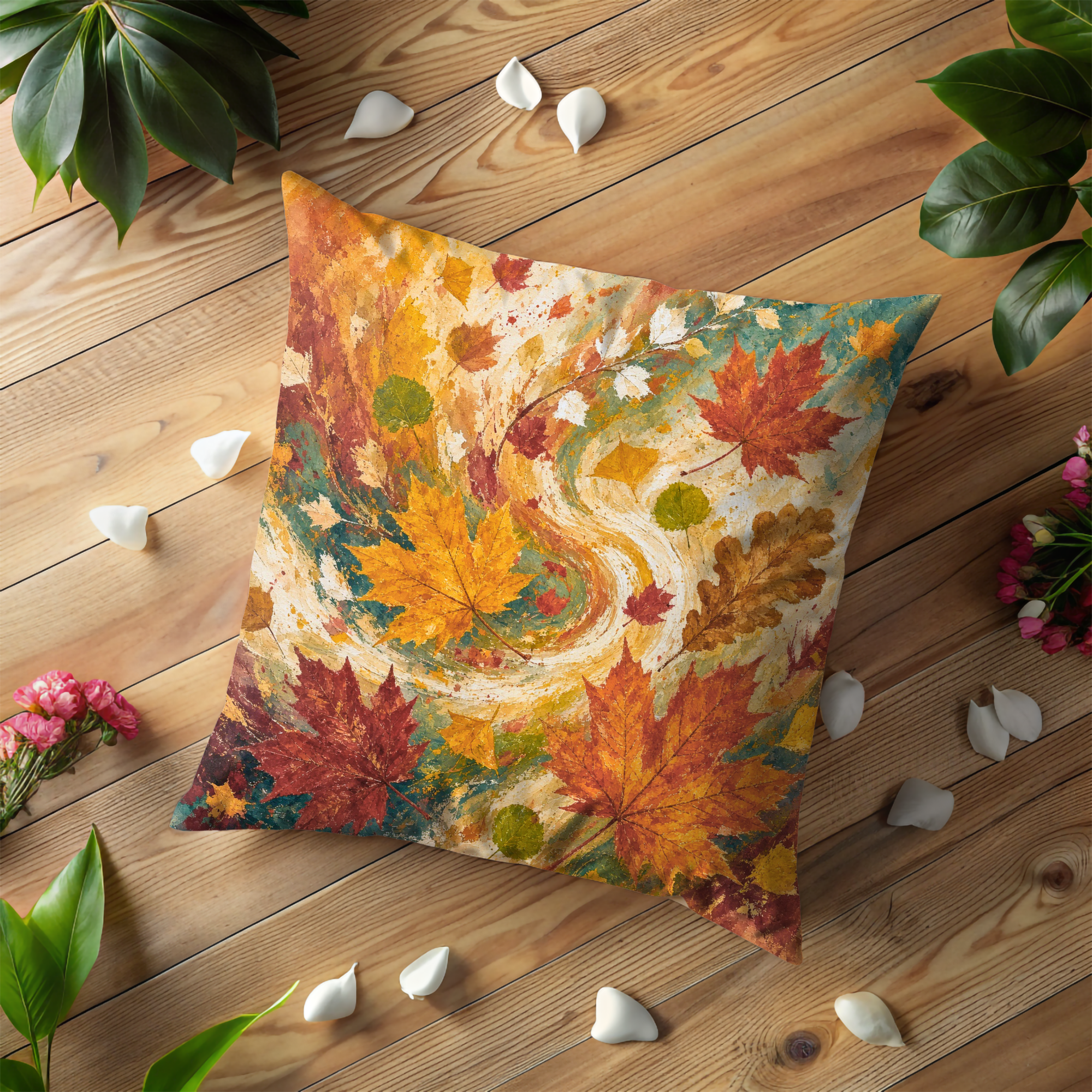 Swirling Autumn Maple Leaves Abstract Pillow Cover | Dynamic Fall Art | Vibrant Botanical Decor