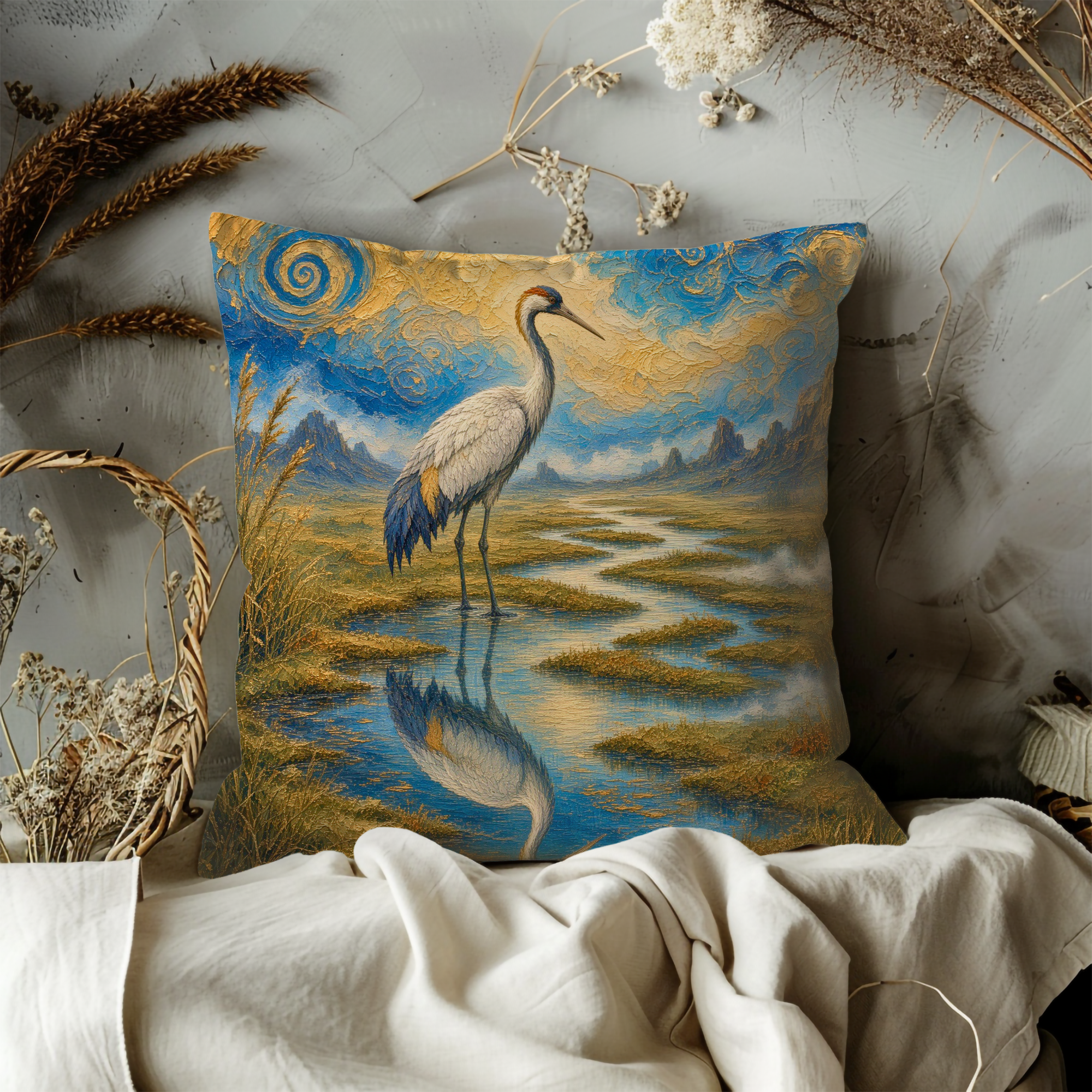 Crane River Reflection Starry Sky Pillow Cover | Artistic Wildlife Art | Elegant Nature Decor
