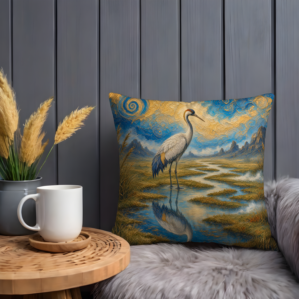 Crane River Reflection Starry Sky Pillow Cover | Artistic Wildlife Art | Elegant Nature Decor